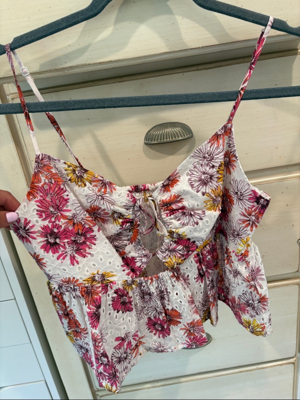 Wayf Floral Eyelet Tie-Front Cami Top - Pink, Yellow